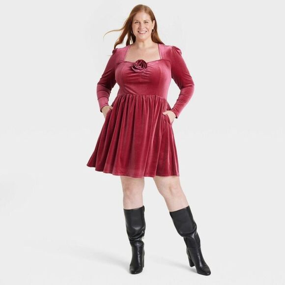 Open Box - Ava & Viv - Women's Long Sleeve Rosette Midi A-Line Dress - Av Red - Picture 1 of 3